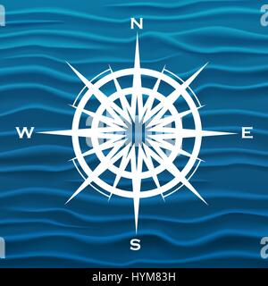 Vector wind rose over blue waves background Stock Vector