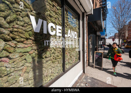 Two storefronts in the Lower East Side neighborhood of New York are filled with 'faux' marijuana on Wednesday, March 29, 2017 as a promotion for the so-called 'Weed Week' programming on the Viceland television channel. The celebration of all things marijuana takes place on the Viceland cable channel from April 17-20. April 20 is known as 420 in cannabis culture and is a holiday for smoking marijuana, especially at 4:20 AM or PM. (© Richard B. Levine) Stock Photo