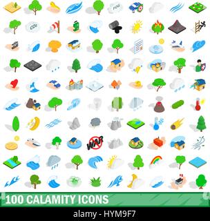 100 calamity icons set, isometric 3d style Stock Vector