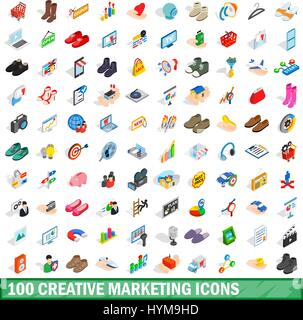 100 creative marketing icons set, isometric style Stock Vector