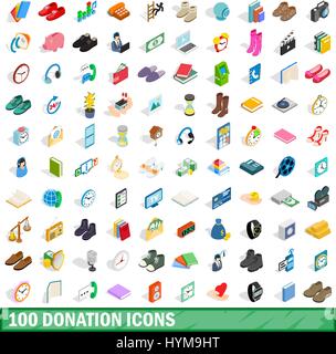 100 donation icons set, isometric 3d style Stock Vector