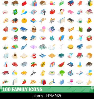 100 family icons set, isometric 3d style Stock Vector