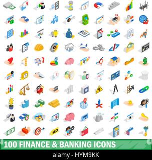 100 finance and banking icons set, isometric style Stock Vector