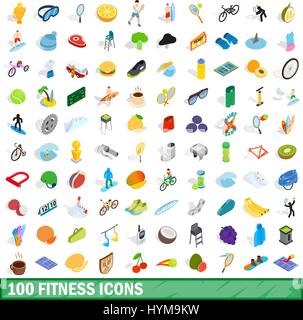 100 fitness icons set, isometric 3d style Stock Vector