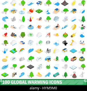 100 global warming icons set, isometric 3d style Stock Vector