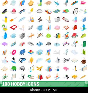 100 hobby icons set, isometric 3d style Stock Vector