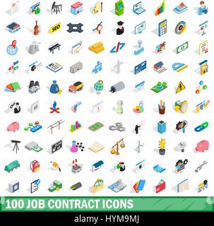 100 job contract icons set, isometric 3d style Stock Vector