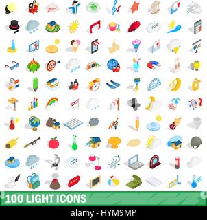100 light icons set, isometric 3d style Stock Vector