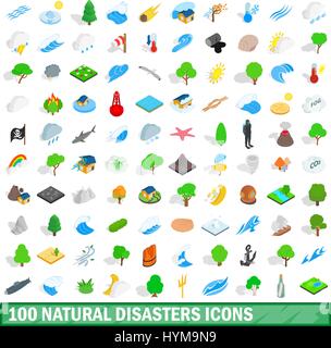 100 natural disasters icons set, isometric style Stock Vector