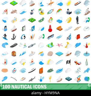 100 nautical icons set, isometric 3d style Stock Vector