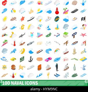 100 naval icons set, isometric 3d style Stock Vector