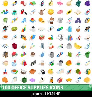 100 office supplies icons set, isometric 3d style Stock Vector