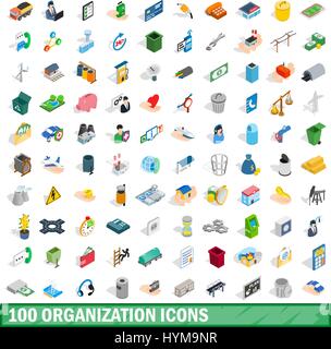 100 organization icons set, isometric 3d style Stock Vector