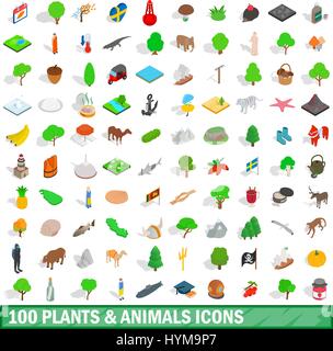 100 plants and animals icons set, isometric style Stock Vector