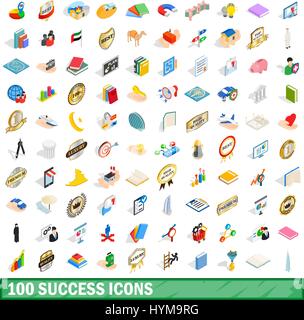 100 success icons set, isometric 3d style Stock Vector