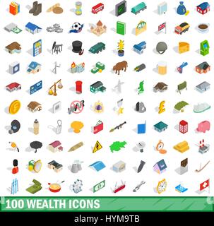 100 wealth icons set, isometric 3d style Stock Vector