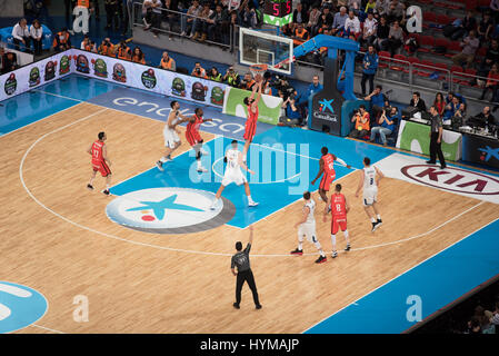 Vitoria, Spain - February 19, 2017: Some basketball players in action at Spanish Copa del rey final match between Valencia and Real Madrid. Stock Photo