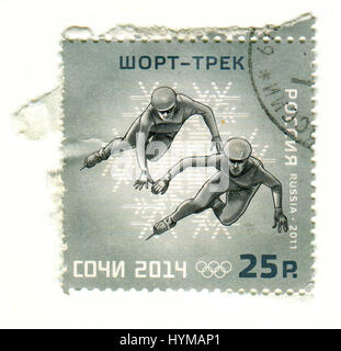 GOMEL, BELARUS, APRIL 5, 2017. Stamp printed in Russia shows image of  The 2014 Winter Olympics, officially called the XXII Olympic Winter Games, were Stock Photo