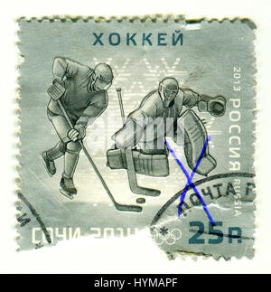 GOMEL, BELARUS, APRIL 5, 2017. Stamp printed in Russia shows image of  The 2014 Winter Olympics, officially called the XXII Olympic Winter Games, were Stock Photo