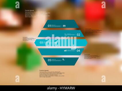 Illustration infographic template with motif of hexagon horizontally divided to five standalone blue sections. Blurred photo with financial motif with Stock Vector