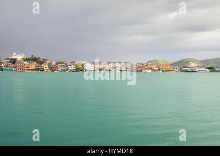 The view of island and town of Flores seen from the boat on the lake Peten Itza, Guatemala Stock Photo