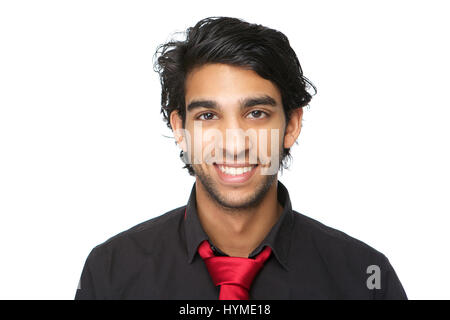 Horizontal close up portrait of a cheerful young man in black shirt and tie isolated on white Stock Photo