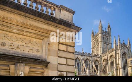 United Kingdom, Somerset, Bath, Bath Abbey seen from the Roman Bath Stock Photo