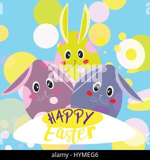 Three Easter bunnies with Happy Easter text Stock Vector