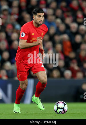 Liverpool's Emre Can during the Premier League match at Anfield, Liverpool. PRESS ASSOCIATION Photo. Picture date: Wednesday April 5, 2017. See PA story SOCCER Liverpool. Photo credit should read: Martin Rickett/PA Wire. RESTRICTIONS: No use with unauthorised audio, video, data, fixture lists, club/league logos or 'live' services. Online in-match use limited to 75 images, no video emulation. No use in betting, games or single club/league/player publications Stock Photo