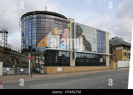 Main entrance to the famous Battersea Dogs Home on Nine Elms Lane in south London, UK. Now known as Battersea home for dogs and cats Stock Photo