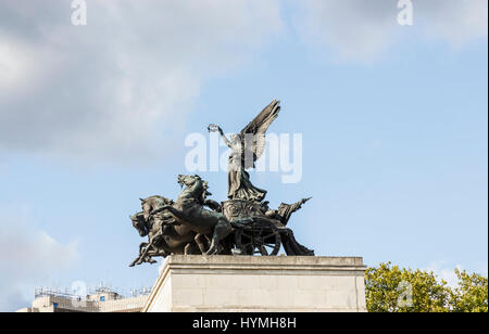 Wellington Arch, at Hyde Park Corner, in the West End of London, topped by a quadriga or ancient four-horse chariot statue Stock Photo