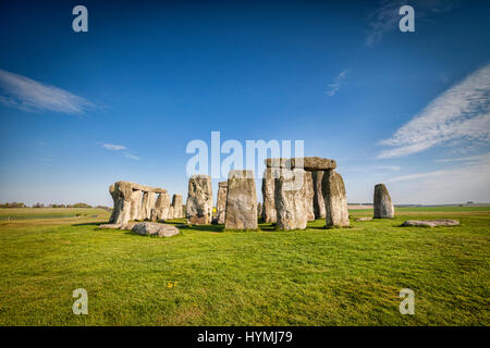 The famous prehistoric stone circle at Stonehenge on a bright spring day.