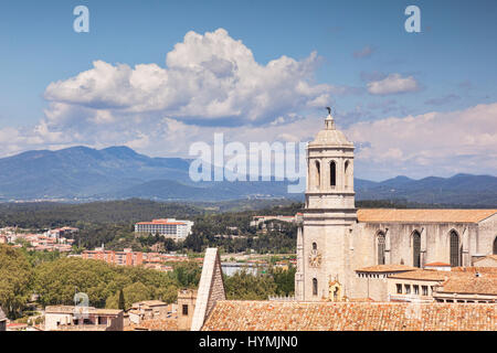 The Cathedral of St Mary of Girona, and a view to the Pyreneesl,  Girona, Catalonia, Spain. Stock Photo