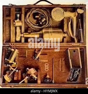 Illustration of electrical surgical instruments, including a motor driven bone saw with a foot rheostat, as well as small hand saws and other medical equipment, 1917. Note: Image has been digitally colorized using a modern process. Colors may not be period-accurate. Stock Photo