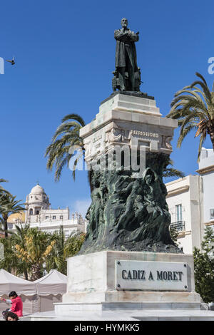 Cadiz Spain- April 2: Statue of Cadiz politician Segismundo Moret, Plaza de San Juan de Dios, Cadiz, Spain, was unveiled in 1906. Stock Photo