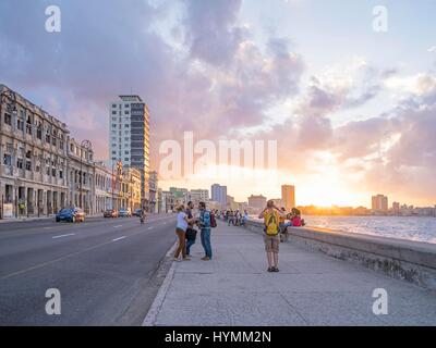 Sunset view of The Malecon, La Habana, Havana, Cuba Stock Photo