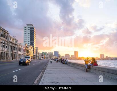 Sunset view of The Malecon, La Habana, Havana, Cuba Stock Photo