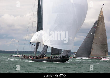 J-Class yacht 'Lionheart' (H1) leads 'Rainbow' (H2) and 'Velsheda' (K7) at the beginning of the first run in Race 2 of the J Class Solent Regatta 2012 Stock Photo