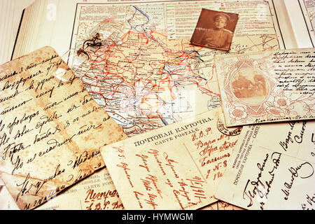 Postcards and a map of battles of Civil War in Russia 1918-1919, published in USSR,1947 Stock Photo