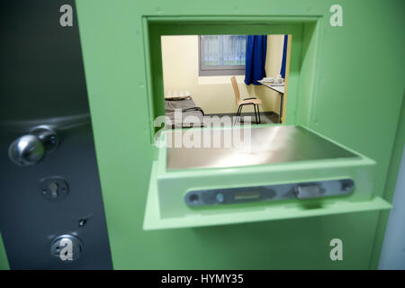 Looking through hatch in jail cell, prison, Düsseldorf prison, North Rhine-Westphalia, Germany Stock Photo