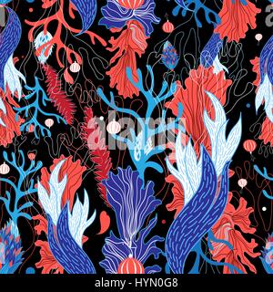 Seamless graphic pattern of seaweed on a dark background Stock Vector