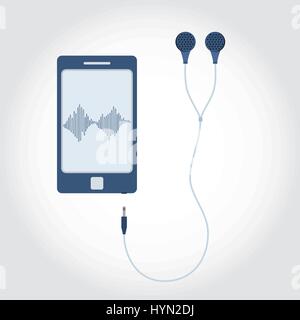 Phone and cable with plug and earphone. Sound wave symbol showing on monitor. Flat design. Stock Vector