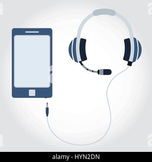 Phone and cable with headphone and microphone. Flat design. Empty space for insert text. Stock Vector