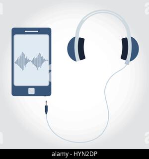 Phone and cable with plug and headphone. Sound wave symbol showing on monitor. Flat design. Stock Vector