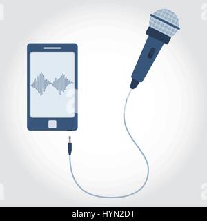 Phone and cable with microphone unplugged. Sound wave symbol showing on monitor. Flat design. Stock Vector