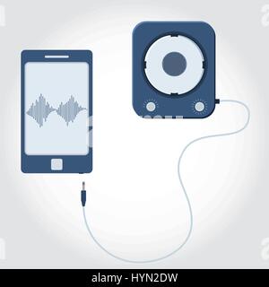 Phone and cable with plug and speaker. Sound wave symbol showing on monitor. Flat design. Stock Vector
