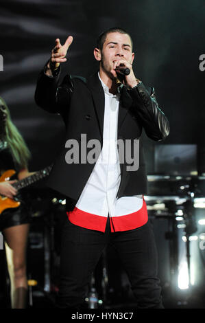 Singer Nick Jonas performs at The Wiltern on October 23rd, 2015 in Los Angeles, California. Stock Photo