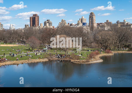 View of the Upper East Side of Manhattan and Great Lawn of Central Park from Belvedere Castle, New York City, USA Stock Photo