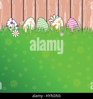 Easter illustration for your design. Multicolored, painted Easter eggs on a background of a wooden retro fence on grass lawn Stock Vector