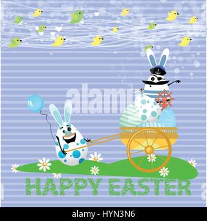 Easter illustration for your design. Multicolored, painted Easter eggs ride in a trolley led by the captain of the ship. On the lawn with daisies Stock Vector